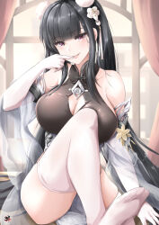 Rule 34 | 1girl, azur lane, bare shoulders, black hair, blush, breasts, cleavage, cleavage cutout, clothing cutout, collarbone, elbow gloves, finger to mouth, gloves, gudon (iukhzl), head tilt, highres, large breasts, long hair, looking at viewer, official alternate costume, peter strasser (azur lane), peter strasser (lustrous jade of the golden house) (azur lane), purple eyes, sitting, smile, solo, thighhighs, very long hair, white gloves, white thighhighs