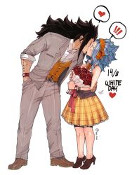 Rule 34 | 1boy, 1girl, blue hair, blush, bouquet, brown footwear, couple, dress shirt, ear piercing, fairy tail, flower, frilled skirt, frills, full body, gajeel redfox, grey jacket, grey pants, hand in pocket, hand on another&#039;s hip, headband, hetero, high heels, holding, holding bouquet, jacket, kiss, leaning forward, levy mcgarden, long hair, open clothes, open jacket, pants, piercing, pleated skirt, red flower, red ribbon, red rose, ribbon, rose, rusky, shirt, signature, simple background, skirt, sleeveless, watch, white background, white shirt, wrist ribbon, wristwatch, yellow skirt