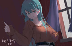 Rule 34 | 1girl, alternate costume, aqua eyes, aqua hair, commentary request, curtains, frilled shirt, frills, hair ornament, hairclip, kantai collection, long hair, looking at viewer, one-hour drawing challenge, orange shirt, pointing, shidou (shiyou j), shirt, solo, suzuya (kancolle), upper body, window