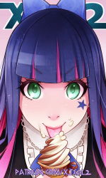 Rule 34 | 10s, 1girl, blue hair, blunt bangs, bow, colored inner hair, eating, food, food on face, green eyes, hair bow, ice cream, ice cream cone, licking, long hair, looking at viewer, multicolored hair, panty &amp; stocking with garterbelt, pink hair, portrait, purple hair, sexually suggestive, soft serve, solo, stocking (psg), suggestive fluid, tongue, two-tone hair, watermark, web address, x-t3al