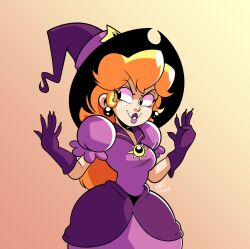 Rule 34 | blonde hair, dress, earrings, gloves, hat, jewelry, lipstick, looking to the side, makeup, mario (series), matt froese, nintendo, princess peach, purple dress, purple gloves, purple lips, sphere earrings, super mario bros. 1, super star (mario), witch hat