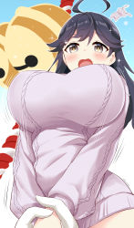 Rule 34 | 1girl, absurdres, ahoge, alternate costume, animal, artist name, bell, black hair, blush, breasts, brown eyes, commentary request, hair ornament, highres, jingle bell, kantai collection, large breasts, long hair, long sleeves, motion lines, open mouth, purple sweater, rabbit, ryuki (ryukisukune), solo focus, sweater, ushio (kancolle), x hair ornament