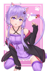 Rule 34 | 1girl, :o, absurdres, animal ear hood, animal ears, bare shoulders, bell, between legs, black jacket, blush, breasts, cat ears, cat girl, cat tail, clenched hand, criss-cross halter, dress, fake animal ears, fang, frilled dress, frills, full body, hair between eyes, hair ornament, hairpin, halterneck, hand between legs, hand up, highres, hood, hooded jacket, jacket, kemonomimi mode, leaning forward, leaning to the side, legs apart, long hair, long sleeves, looking at viewer, off shoulder, open clothes, open jacket, paw pose, paw print, paw print background, purple dress, purple eyes, purple hair, shirua (s4-42424), slit pupils, small breasts, solo, spread legs, staring, strapless, strapless dress, striped clothes, striped dress, tail, tail bell, tail ornament, thighhighs, tube dress, twintails, vertical-striped clothes, vertical-striped dress, vocaloid, yuzuki yukari