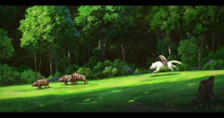 Rule 34 | boar, bush, commentary, cyclecircle, day, english commentary, field, forest, grass, highres, holding, holding polearm, holding weapon, hunting, letterboxed, mononoke hime, moro (mononoke hime), nature, outdoors, polearm, riding, riding animal, rock, san (mononoke hime), scenery, shadow, spear, studio ghibli, tree, tree stump, weapon, wide shot, wolf