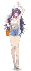 Rule 34 | 1girl, absurdres, alternate costume, arm up, bag, blue archive, blue shorts, commentary, crop top, full body, grin, halo, highres, holding, holding bag, legs, long hair, looking at viewer, movik, nail polish, open clothes, open shirt, purple eyes, purple hair, red nails, sandals, shirt, shorts, simple background, smile, solo, standing, thighs, toenail polish, toenails, white background, white footwear, white shirt, yuuka (blue archive)