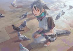 Rule 34 | 10s, 1girl, animal, aqua scarf, bird, bird tail, bird wings, black shirt, breast pocket, brown eyes, commentary request, cross-laced footwear, expressionless, eyelashes, feathered wings, fingernails, full body, gradient hair, gradient scarf, grey hair, grey pantyhose, grey vest, hair between eyes, hands on own knees, head wings, kemono friends, lips, long hair, looking away, multicolored clothes, multicolored hair, multicolored scarf, multicolored skirt, no lineart, outdoors, pantyhose, pigeon, pink lips, pleated skirt, pocket, purple scarf, red footwear, rock pigeon (kemono friends), scarf, shadow, shirt, shoelaces, shoes, short sleeves, silver legwear, skirt, sneakers, squatting, stone floor, tail, tunapon01, vest, wings, wristband