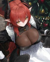 1girl ahoge apron black_dress black_gloves black_horns black_wings blush breasts chest_jewel christmas_ornaments christmas_tree cleavage closed_mouth commentary_request demon_horns dress ebiri_fy feathered_wings frills gift glasses gloves hair_between_eyes highres holding holding_removed_eyewear horns indoors isabella_(marse) jewelry juliet_sleeves large_breasts long_hair long_sleeves looking_to_the_side mole mole_under_mouth necklace original pointy_ears puffy_sleeves red_hair sitting sitting_on_object solo undersized_clothes unworn_eyewear white_apron white_sleeve_cuffs wings yellow_eyes yellow_gemstone