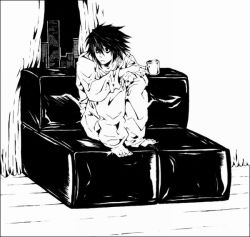 Rule 34 | 00s, 1boy, bags under eyes, cup, curtains, death note, greyscale, l (death note), male focus, monochrome, mug, sitting, solo, window, wooden floor