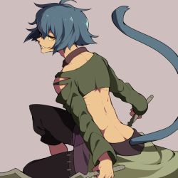 Rule 34 | 10s, 1boy, ahoge, blue hair, cat tail, hans humpty, knife, male focus, one eye covered, rokka no yuusha, shitoo, solo, tail, yellow eyes