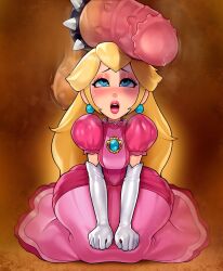 Rule 34 | 1boy, 1girl, blue eyes, blush, bowser, brooch, cock ring, disembodied penis, dress, earrings, elbow gloves, gloves, hands on own knees, highres, huge penis, huge testicles, jewelry, long hair, loodncrood, looking up, mario (series), nintendo, open mouth, pearl earrings, penis, penis awe, penis on head, pink dress, precum, princess peach, seiza, sex toy, sitting, solo focus, sphere earrings, spiked cock ring, testicles, the super mario bros. movie, uncensored, white gloves