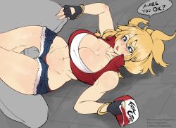 Rule 34 | 1boy, 1girl, bad id, bad pixiv id, bangle, between thighs, black gloves, black panties, blonde hair, blue eyes, blue shorts, blush, bracelet, breasts, cleavage, clothed female nude male, cutoffs, denim, denim shorts, embarrassed, english text, erection, fatal fury, fatal fury cap, fingerless gloves, genderswap, genderswap (mtf), gloves, hat, unworn hat, unworn headwear, hetero, high collar, highres, imminent penetration, jewelry, large breasts, long hair, lowleg, lowleg shorts, lying, midriff, narrow waist, navel, nose blush, nude, on back, open fly, panties, pantyshot, partially colored, patreon username, penis, penis awe, pixiv username, ponytail, red vest, short shorts, shorts, snk heroines: tag team frenzy, solo focus, speech bubble, stomach, strapless, taiger, terry bogard, thick thighs, thigh sex, thighs, toned, tube top, twitter username, uncensored, underwear, vest, wide hips