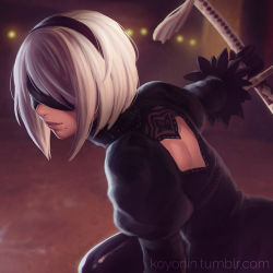 Rule 34 | 1girl, android, backlighting, black dress, black gloves, blindfold, blurry, covered eyes, depth of field, dress, gloves, hairband, holding, holding sword, holding weapon, juliet sleeves, katana, koyorin, long sleeves, mole, mole under mouth, nier (series), nier:automata, outstretched arm, parted lips, puffy sleeves, red lips, short hair, silver hair, solo, sword, tassel, unsheathed, upper body, weapon, 2b (nier:automata)
