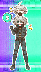 Rule 34 | &gt;:d, 10s, 2boys, :d, ahoge, android, aqua background, armor, blue eyes, chibi, clenched hand, countdown, danganronpa (series), danganronpa v3: killing harmony, dual persona, full body, gradient background, hand on own chest, hands on own hips, k1-b0, male focus, multiple boys, open mouth, power armor, purple background, short hair, silver hair, simple background, smile, spoken number, standing on another&#039;s head, triangle mouth, v-shaped eyebrows, yumaru (marumarumaru)