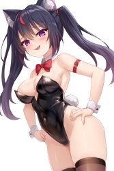 Rule 34 | 1girl, :d, absurdres, animal ear fluff, animal ears, black hair, black leotard, bow, bowtie, breasts, brown thighhighs, cat ears, cat girl, collar, commentary request, covered navel, detached collar, fang, hair tie, hands on own hips, highres, kazuneko-chan, kazuneko (wktk1024), large breasts, leotard, long hair, looking at viewer, multicolored hair, open mouth, original, purple eyes, red bow, red bowtie, red collar, red hair, simple background, smile, solo, streaked hair, thighhighs, white background, white wrist cuffs, wrist cuffs