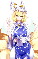 Rule 34 | 1girl, absurdres, blonde hair, breasts, cleavage, fox girl, fox tail, hat, highres, large breasts, raptor7, see-through, see-through cleavage, simple background, solo, tail, touhou, white background, white hat, yakumo ran, yellow eyes