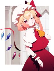 Rule 34 | 1girl, ;o, absurdres, ascot, crystal, flandre scarlet, hat, hat ribbon, highres, indoors, looking at viewer, mob cap, one eye closed, open mouth, pointy ears, red eyes, red nails, red ribbon, red vest, ribbon, shirt, short sleeves, solo, touhou, vest, white hat, white shirt, wings, wrist cuffs, yellow ascot, you (noanoamoemoe)