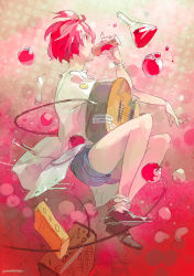 Rule 34 | 1girl, acoustic guitar, amplifier, beaker, cable, drinking, guitar, instrument, original, pomodorosa, red eyes, red hair, short hair, signature, solo, test tube