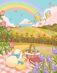 Rule 34 | absurdres, artist name, basket, bird, blanket, blue bow, blue sky, book, bow, bush, cloud, commentary, day, duck, english commentary, falling petals, fence, flower, flower request, food, fruit, grass, highres, kite, no humans, original, outdoors, path, petals, picnic basket, pink flower, pink rose, purple flower, rainbow, road, rose, scenery, sky, sparkle, strawberry, sunflower, vanillacherie, white flower, white rose, wooden fence, yellow flower