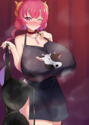 Rule 34 | 1girl, ;), animal print, apron, black apron, black bra, blush, bra, breasts, choker, collarbone, cow print, cowboy shot, dearonnus, dragon girl, dragon horns, gradient hair, heart, heart-shaped pupils, highres, holding, holding bra, holding clothes, holding underwear, horns, huge breasts, ilulu (maidragon), kobayashi-san chi no maidragon, lactation, long hair, looking at viewer, multicolored hair, naked apron, nose blush, one eye closed, pointy ears, pregnancy test, red choker, red eyes, red hair, smile, solo, steam, steaming body, symbol-shaped pupils, twintails, underwear, very long hair