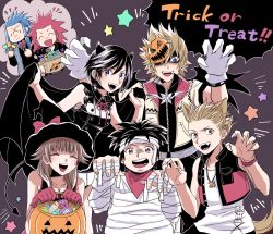 Rule 34 | 2girls, 5boys, animal costume, animal ears, black hair, blonde hair, blue eyes, blue hair, brown hair, candy, cape, claw pose, emphasis lines, food, gloves, halloween, halloween bucket, halloween costume, hat, hayner, headband, hifumi (aiueonigiri), horns, isa (kingdom hearts), jack-o&#039;-lantern, kingdom hearts, kingdom hearts iii, lea (kingdom hearts), looking at viewer, mask, mask on head, mask over one eye, multiple boys, multiple girls, mummy costume, neck ribbon, olette, open mouth, pence, red hair, ribbon, roxas, scarf, shaded face, smile, star (symbol), tail, trick or treat, vampire costume, vest, witch, witch hat, wolf costume, wolf ears, wolf tail, xion (kingdom hearts)
