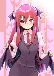 Rule 34 | 1girl, absurdres, bat wings, colored eyelashes, demon horns, formal, head wings, heart, highres, horns, koakuma, long hair, looking at viewer, necktie, red eyes, red hair, silentmonday, solo, touhou, wing hold, wings