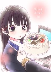 Rule 34 | 1girl, 1other, birthday, birthday cake, black jacket, blush, brown hair, cake, cellphone, character request, computer, dated, food, gift, giving, grey eyes, hair ornament, hairclip, highres, holding, jacket, kawai rou, laptop, long hair, long sleeves, nijisanji, parted lips, phone, smartphone, solo focus, tsukino mito, tsukino mito (1st costume), upper body, virtual youtuber, wide-eyed