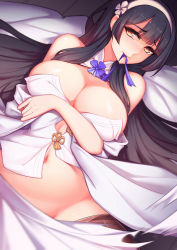 Rule 34 | 1girl, arm at side, bare shoulders, bed, bed sheet, black hair, black legwear, blush, breast hold, breasts, cleavage, commentary request, cowboy shot, detached collar, dutch angle, girls&#039; frontline, groin, hand on own chest, head tilt, hime cut, kira (artist), large breasts, looking at viewer, navel, no panties, solo, type 95 (girls&#039; frontline), yellow eyes