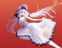 Rule 34 | 1girl, azur lane, bare shoulders, breasts, dress, garter straps, hair ornament, hat, highres, illustrious (azur lane), large breasts, long dress, long hair, purple eyes, red background, see-through, see-through dress, simple background, skirt hold, sleeveless, sleeveless dress, strapless, strapless dress, sun hat, thighhighs, very long hair, white dress, white hair, white hat, white thighhighs, yaoko