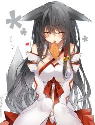Rule 34 | 1girl, aburaage, animal ears, bell, black hair, breasts, cleavage, closed eyes, elbow gloves, food, fox ears, fox tail, gloves, hair bell, hair ornament, hair ribbon, heart, large breasts, long hair, mishima kurone, mouth hold, musical note, original, pantyhose, ribbon, simple background, sitting, skirt, smile, solo, tail, tress ribbon, twitter username, white background, white gloves, white pantyhose
