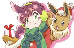 Rule 34 | 1girl, ahoge, brown hair, chloe (pokemon), closed mouth, coat, commentary request, creatures (company), earmuffs, eevee, eyelashes, game freak, gen 1 pokemon, gift, green eyes, green scarf, holding, holding gift, long hair, long sleeves, mittens, nintendo, pokemon, pokemon (anime), pokemon (creature), pokemon journeys, red coat, scarf, smile, split mouth, yasuda shuuhei