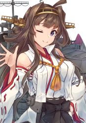 Rule 34 | 1girl, ahoge, anti-aircraft, anti-aircraft gun, black skirt, breasts, brown hair, cannon, commentary request, detached sleeves, double bun, hair bun, hairband, headgear, highres, japanese clothes, kantai collection, kongou (kancolle), kongou kai ni (kancolle), long hair, machinery, medium breasts, minosu, one eye closed, purple eyes, ribbon-trimmed sleeves, ribbon trim, rigging, simple background, skirt, smokestack, solo, turret, upper body, waving, white background