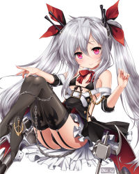 Rule 34 | 1girl, :&gt;, aiguillette, anchor, azur lane, bikini, bikini top only, black bikini, black panties, black thighhighs, blush, bow, chain, closed mouth, flat chest, garter straps, hair between eyes, hair bow, hand up, kei kei, knees up, lace, lace-trimmed panties, lace trim, legs together, long hair, looking at viewer, panties, purple eyes, red bow, sidelocks, silver hair, simple background, sitting, smile, solo, swimsuit, thighhighs, turret, twintails, twitter username, underwear, vampire (azur lane), very long hair, white background