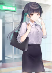 Rule 34 | 1girl, aqua hair, bag, black hair, black skirt, blurry, blurry background, breasts, brown eyes, cellphone, collared shirt, commentary request, depth of field, dress shirt, ear piercing, earrings, hands up, holding, holding phone, jewelry, long hair, looking at viewer, midorikawa you, multicolored hair, original, parted lips, phone, piercing, ponytail, shirt, skirt, small breasts, solo, standing, tile wall, tiles, twitter username, two-tone hair, very long hair, white shirt