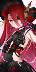 1girl absurdres armor armored_dress bare_shoulders black_armor black_dress black_eyes blush bonnet breasts claws detached_sleeves dress fate/grand_order fate_(series) flower food food_on_face food_on_hand hair_between_eyes hair_flower hair_ornament hawatari2019 heterochromia highres holding holding_food long_hair looking_at_viewer macaron red_flower red_hair red_rose rose sideboob sideless_outfit simple_background small_breasts smile solo typhon_ephemeros_(fate) very_long_hair white_background yellow_eyes