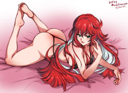 Rule 34 | 1girl, 2022, arc system works, artist name, ass, barefoot, bikini, breasts, dated, feet, female focus, green eyes, guilty gear, guilty gear strive, jack-o&#039; valentine, legs up, long hair, lying, mina cream, multicolored hair, on stomach, red hair, sideboob, swimsuit, the pose, thong, toes, two-tone hair