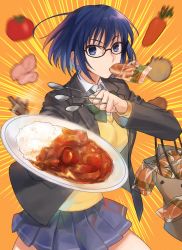 Rule 34 | 1girl, bag, between fingers, black-framed eyewear, black jacket, blue eyes, blue hair, bow, bowtie, brown bag, cardigan, carrot, ciel (tsukihime), collared shirt, commentary, curry, curry bread, curry rice, flyby64, food, food in mouth, glasses, green bow, grey skirt, grocery bag, hair between eyes, highres, holding, holding bag, holding food, holding plate, holding spoon, jacket, long sleeves, looking at viewer, miniskirt, open clothes, open jacket, orange background, plate, pleated skirt, rice, school uniform, shirt, shopping bag, short hair, skirt, solo, spoon, steam, tomato, tsukihime, tsukihime (remake), uniform, upper body, white shirt, yellow cardigan