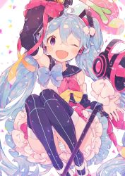 Rule 34 | 1girl, ;d, amakawa tamawo, arm up, balloon, black skirt, black thighhighs, blue bow, blue hair, blush, bow, commentary request, detached sleeves, fang, feet out of frame, food, frilled skirt, frills, hatsune miku, headphones, highres, holding, holding food, holding microphone stand, knees up, light blue hair, long hair, magical mirai miku, magical mirai miku (2018), microphone stand, multiple bows, one eye closed, open mouth, panties, pantyshot, pink bow, purple eyes, simple background, skin fang, skirt, smile, solo, spring onion, striped clothes, striped panties, thighhighs, triangle, underwear, very long hair, vocaloid, white background, yellow bow