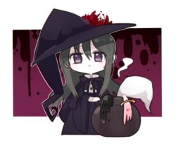 Rule 34 | 10s, 1girl, :&lt;, akemi homura, black hair, cauldron, chibi, fc (efushii), flower, hat, kyubey, long hair, looking at viewer, mahou shoujo madoka magica, mahou shoujo madoka magica (anime), purple eyes, simple background, solo, spider lily, white background, witch, witch hat