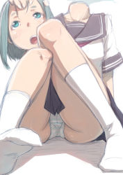 Rule 34 | 1girl, :o, aqua eyes, aqua hair, aqua panties, ass, bad id, bad pixiv id, blue eyes, blue hair, blush, breasts, cameltoe, disembodied head, dullahan, headless, holding, holding head, kneehighs, knees together feet apart, lace, lace-trimmed panties, lace trim, matching hair/eyes, miniskirt, nucomas, open mouth, original, panties, pantyshot, pleated skirt, school uniform, shadow, shirt, short hair, short sleeves, simple background, sitting, sketch, skindentation, skirt, sleeve cuffs, small breasts, socks, solo, striped clothes, striped panties, thighs, underwear, upskirt, white background, white panties, white socks