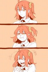 Rule 34 | 1girl, 3koma, ahoge, blush, closed eyes, comic, commentary, english commentary, fate/grand order, fate (series), fujimaru ritsuka (female), hair ornament, hair scrunchie, highres, kulissara-aung, laughing, limited palette, one side up, open mouth, orange eyes, orange hair, scrunchie, smile, solo