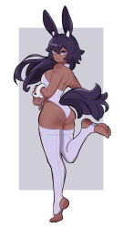 Rule 34 | 1girl, amazu (kurozu), animal ear fluff, animal ears, bare shoulders, black hair, blue eyes, breasts, closed mouth, commentary, commission, english commentary, from side, grey background, grey leotard, grey thighhighs, hair between eyes, highres, leotard, long hair, looking at viewer, looking to the side, medium breasts, no shoes, original, rabbit ears, soles, solo, standing, standing on one leg, stirrup legwear, strapless, strapless leotard, tail, thighhighs, tiptoes, toeless legwear, two-tone background, very long hair, white background, wrist cuffs