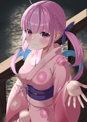 Rule 34 | 1girl, absurdres, ahoge, beckoning, blue hair, blue ribbon, blunt bangs, blush, braid, breasts, bridge, closed mouth, colored inner hair, drill hair, french braid, hair ribbon, highres, holding, hololive, japanese clothes, kimono, long hair, looking at viewer, medium breasts, minato aqua, multicolored hair, o takibi, obi, obijime, outdoors, outstretched hand, pink kimono, print kimono, purple eyes, purple hair, ribbon, sash, solo, streaked hair, twintails, upper body, virtual youtuber, water, wide sleeves, yagasuri