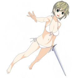 Rule 34 | 1girl, bare shoulders, bikini, breasts, cleavage, commentary, fang, feet, front-tie bikini top, front-tie top, full body, green eyes, grey hair, halterneck, ino (magloid), looking at viewer, medium breasts, navel, open mouth, original, outstretched arm, short hair, side-tie bikini bottom, simple background, skin fang, solo, standing, stomach, swimsuit, thighs, white background, white bikini