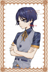 Rule 34 | 1boy, artist name, belt, belt buckle, blue hair, blue shirt, border, brown border, buckle, buttons, choppy bangs, closed mouth, collared shirt, commentary request, crossed arms, dark blue hair, dated, frown, genshin impact, grey vest, hair between eyes, hair intakes, highres, male focus, neck ribbon, ojo aa, orange belt, orange ribbon, parted bangs, purple eyes, ribbon, scaramouche (genshin impact), shirt, short hair, short sleeves, sidelocks, signature, simple background, solo, twitter username, v-shaped eyebrows, vest, watermark, white background, wing collar
