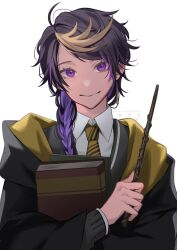 Rule 34 | 1boy, ahoge, black hair, black jacket, black robe, blonde hair, book, braid, closed mouth, collared shirt, commentary, diagonal-striped clothes, diagonal-striped necktie, english commentary, eyelashes, hair over shoulder, harry potter (series), highres, holding, holding wand, hood, hood down, hooded robe, hufflepuff, hugging object, jacket, long hair, long sleeves, looking at viewer, male focus, necktie, nijisanji, nijisanji en, parted bangs, pink hair, purple eyes, purple hair, robe, shirt, shu yamino, sidelocks, simple background, single braid, smile, solo, striped clothes, striped necktie, swept bangs, tsugu (tsugu 823), upper body, virtual youtuber, wand, watermark, white background, white shirt, wing collar, wizarding world, yellow necktie