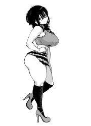 Rule 34 | 1girl, ass, breasts, erotic x anabolic, full body, high heels, highres, huge ass, inui achu, large breasts, long hair, looking at viewer, mitsukura itsuha, monochrome, original, skirt, sleeveless, smile, solo, thick thighs, thighs, wide hips