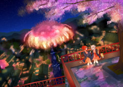 Rule 34 | 2girls, alcohol, alternate costume, alternate hairstyle, architecture, bag, building, cherry blossoms, city, dougen, east asian architecture, closed eyes, giant tree, hong meiling, izayoi sakuya, japanese clothes, kimono, multiple girls, open mouth, red hair, river, sake, scenery, silver hair, sky, smile, soaking feet, star (sky), starry sky, touhou, tree, water