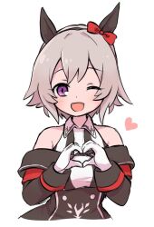 Rule 34 | 1girl, animal ears, bare shoulders, black dress, bow, breasts, collared shirt, cropped torso, curren chan (umamusume), dress, ear bow, gloves, grey hair, hairband, hands up, heart, heart hands, horse ears, looking at viewer, minmin (kemomofuri), off-shoulder dress, off shoulder, one eye closed, open mouth, purple eyes, shirt, short hair, simple background, sleeveless, sleeveless shirt, small breasts, smile, solo, umamusume, upper body, white background, white gloves