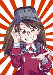 Rule 34 | 10s, 1girl, bespectacled, brown hair, glasses, grin, headgear, highres, kantai collection, long hair, red eyes, rising sun flag, ryuujou (kancolle), smile, solo, sterndorf, sunburst, twintails, upper body