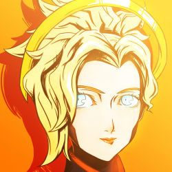 Rule 34 | 1girl, blonde hair, blue eyes, close-up, halo, high ponytail, long hair, looking at viewer, mechanical halo, mercy (overwatch), orange background, overwatch, overwatch 1, portrait, sijia wang, simple background, solo